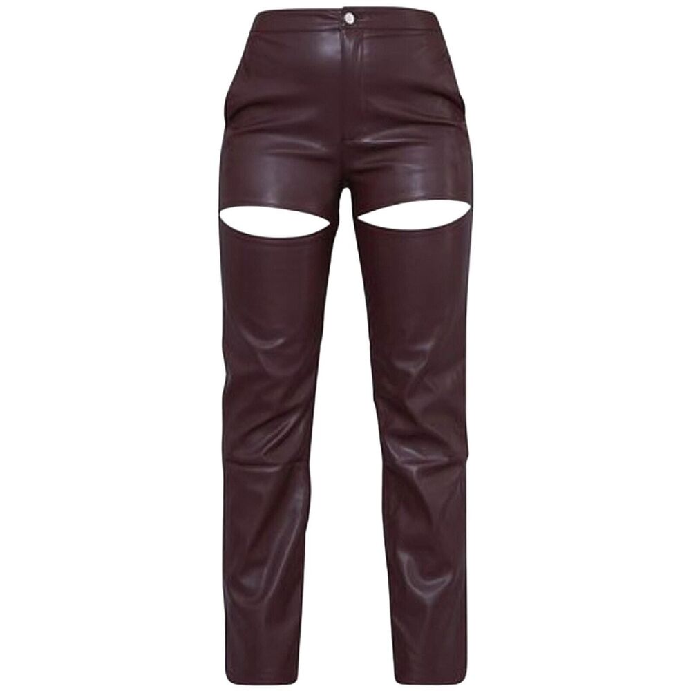 Prettylittlething Faux Leather Trousers Size 12 Women Brown Straight Leg Y2K